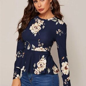 SHEIN Navy Floral Peplum Blouse new !!